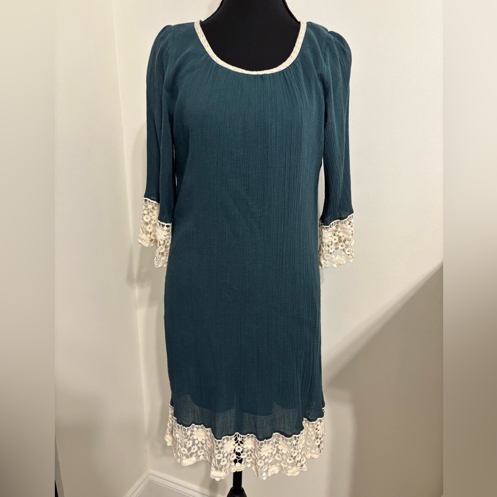 Umgee USA Large Teal Crinkle Boho Dress Crochet Lace Trim 3/4 Sleeve Shift